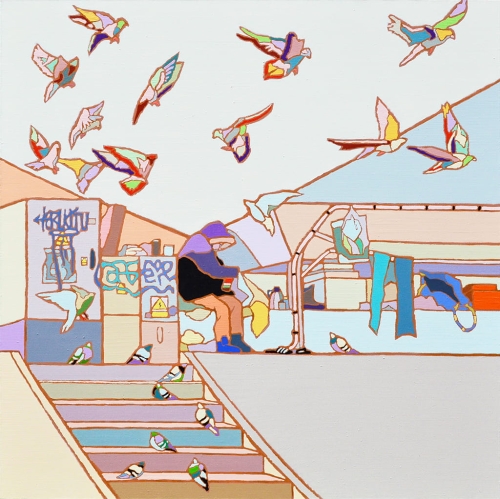 Wolne ptaki (pod Mostem Świętokrzyskim), 115x115 cm, olej na płótnie, 2023zmn.jpg